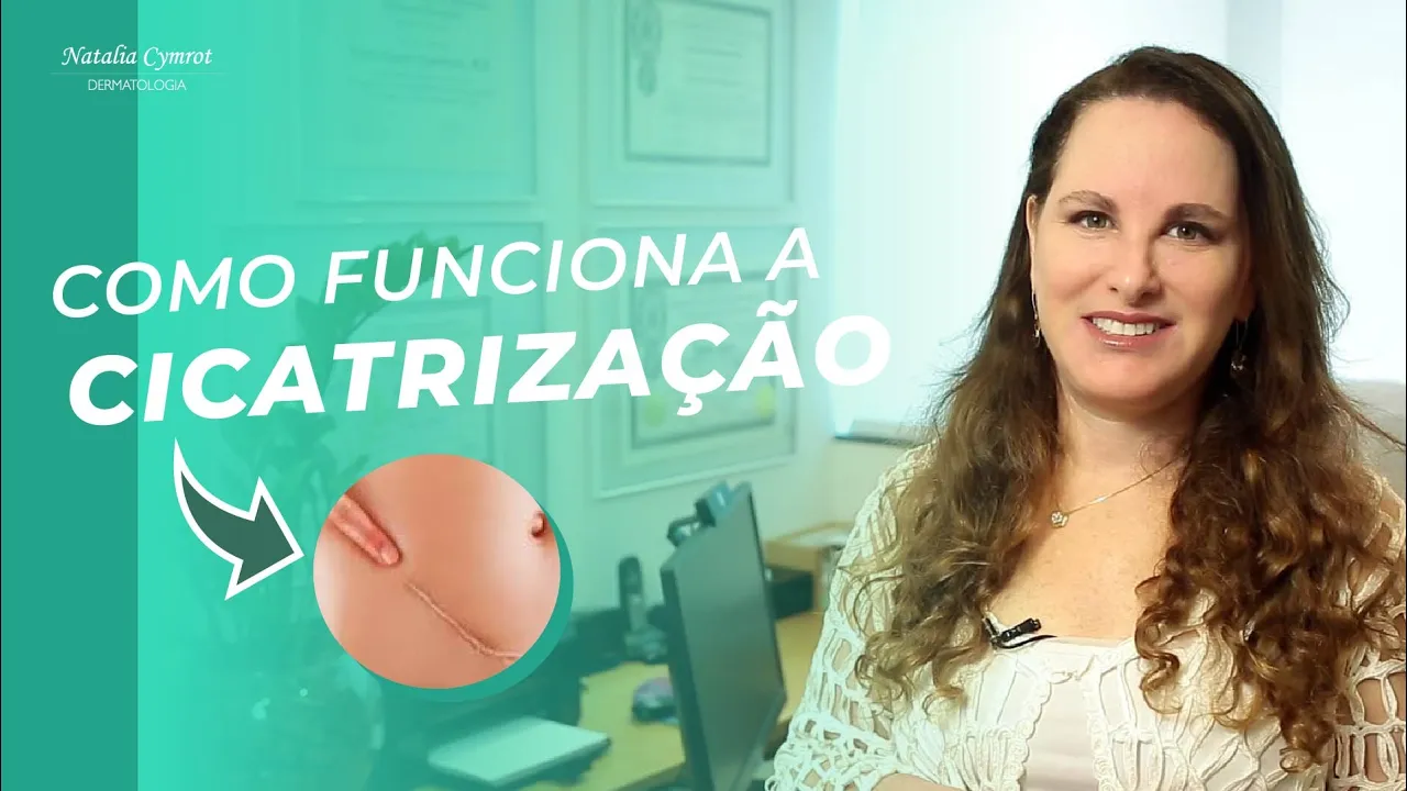 Na imagem a Dra Natalia esta ao lado de uma pequena imagem de uma cicatrização com uma frase escrita acima "Como funciona cicatrização".