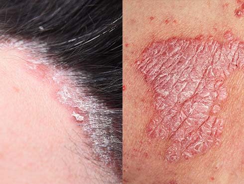 A imagem duas imagens, do lado esquerda um couro cabelo com alguns machucados descamando e do lado direito uma ferida com casquinha