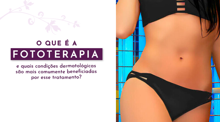 Mulher usando biquíni preto, destacando a área abdominal, com fundo de azulejos azuis, sugerindo um ambiente moderno e iluminado para tratamento ou estética.